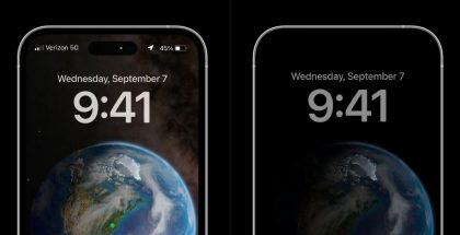 iPhone 14 Pro -puhelimiin odotetaan aina päällä -näyttötilaa, joka kytkeytyy yhteen iOS 16:ssa uudistuvan lukitun näytön näkymän kanssa. Mallinnoskuvassa vasemmalla lukitun näytön näkymä ja oikealla aina päällä -näkymä. Kuva: MacRumors.