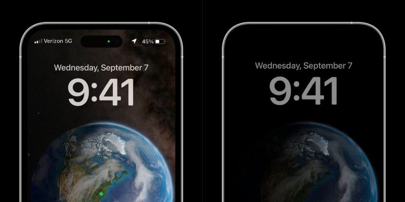iPhone 14 Pro -puhelimiin odotetaan aina päällä -näyttötilaa, joka kytkeytyy yhteen iOS 16:ssa uudistuvan lukitun näytön näkymän kanssa. Mallinnoskuvassa vasemmalla lukitun näytön näkymä ja oikealla aina päällä -näkymä. Kuva: MacRumors.