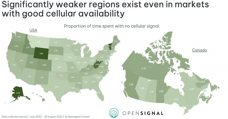 Mobiiliverkon kattavuus vaihtelee runsaasti alueittain Yhdysvalloissa ja Kanadassa. Kuva: Opensignal.