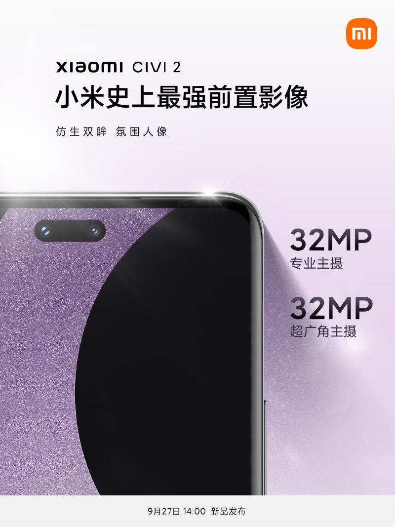 Xiaomi Civi 2 erottuu joukosta kahdella 32 megapikselin etukamerallaan.
