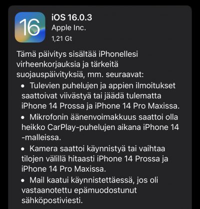 iOS 16.0.3 on nyt ladattavissa.