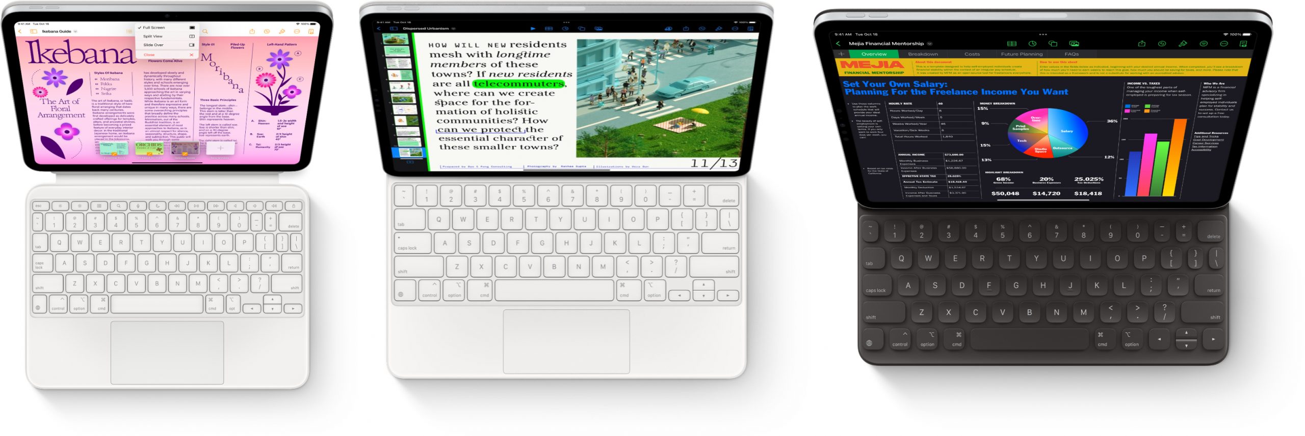 Vasemmalla iPad ja Magic Keyboard Folio. Keskellä ja oikealla iPad Airin näppäimistövaihtoehdot Magic Keyboard ja Smart Keyboard Folio. Kuvat eivät ole mittakaavassa keskenään.
