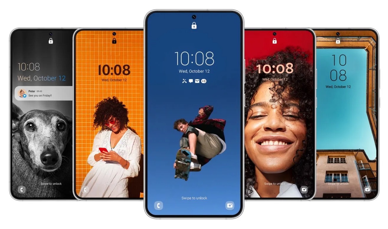 Samsungin One UI 5:n erilaisia lukitun näytön näkymiä.