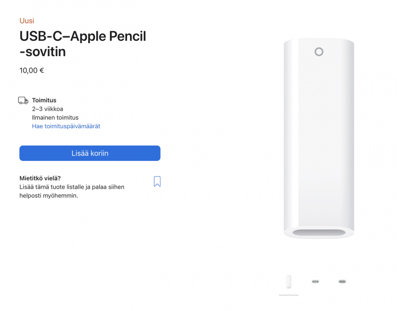 Apple myy 10 eurolla USB-C–Apple Pencil -sovitinta.