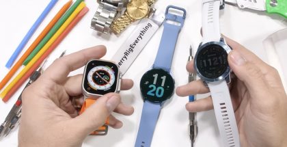 Apple Watch Ultra, Samsung Galaxy Watch5 ja Garmin Fenix 7 Solar. Kuvankaappaus JerryRigEverythingin YouTube-videolta.