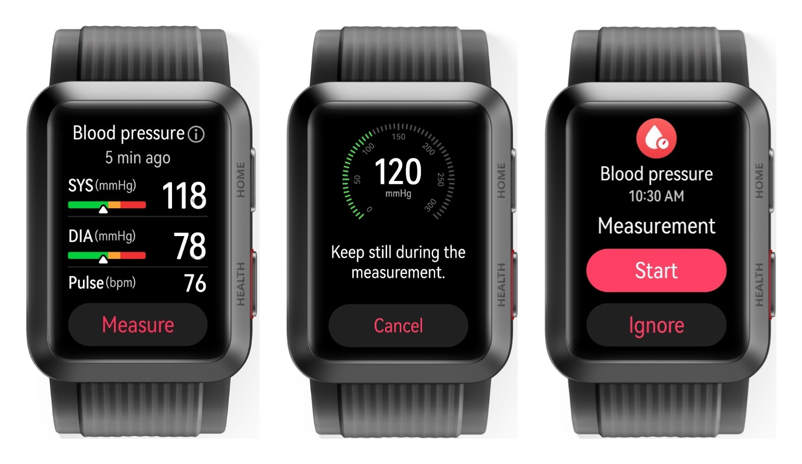 Verenpaineen mittaaminen Huawei Watch D:llä käy vaivattomasti. Kello yhdessä Huawei Health -sovelluksen kanssa ohjeistaa mittauksen suorittamisessa ja voi myös muistuttaa verenpaineen mittaamisesta.