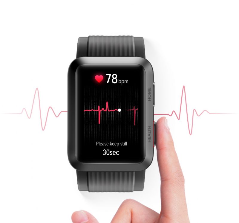 EKG-mittaus Huawei Watch D:llä tapahtuu asettamalla sormi toiselle kellon oikean sivun painikkeista.