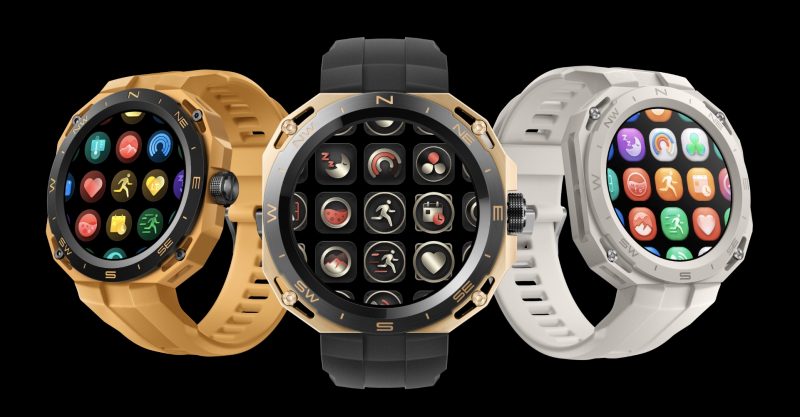 Huawei Watch GT Cyber kolmella erilaisella kehyksellä ja rannekkeella.
