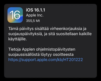 iOS 16.1.1 on nyt ladattavissa.