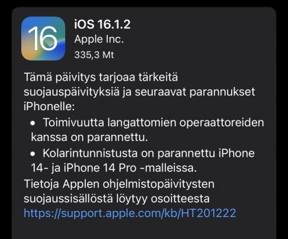 iOS 16.1.2 on nyt ladattavissa.