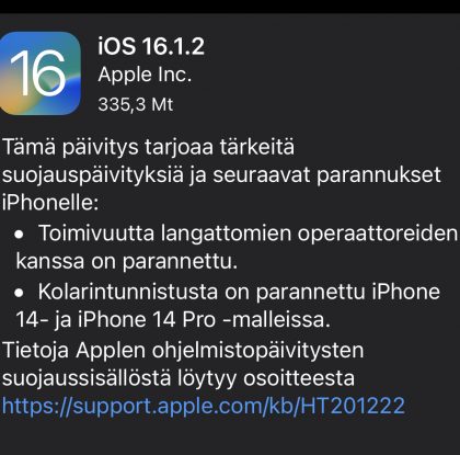 Apple julkaisi päivityksen iPhoneille: iOS 16.1.2 nyt ladattavissa – sisältää tärkeitä parannuksia ja tietoturvakorjauksia