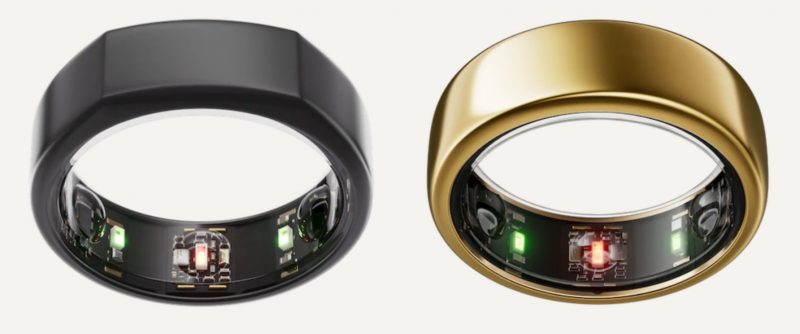 Kuvassa vasemmalla Oura Ring Gen3 Heritage värissä Stealth ja oikealla Oura Ring Gen3 Horizon värissä Gold.