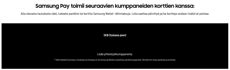 Samsung Wallet ei vielä tue pankkeja Suomessa, kuten ei myöskään Tanskassa ja Norjassa.