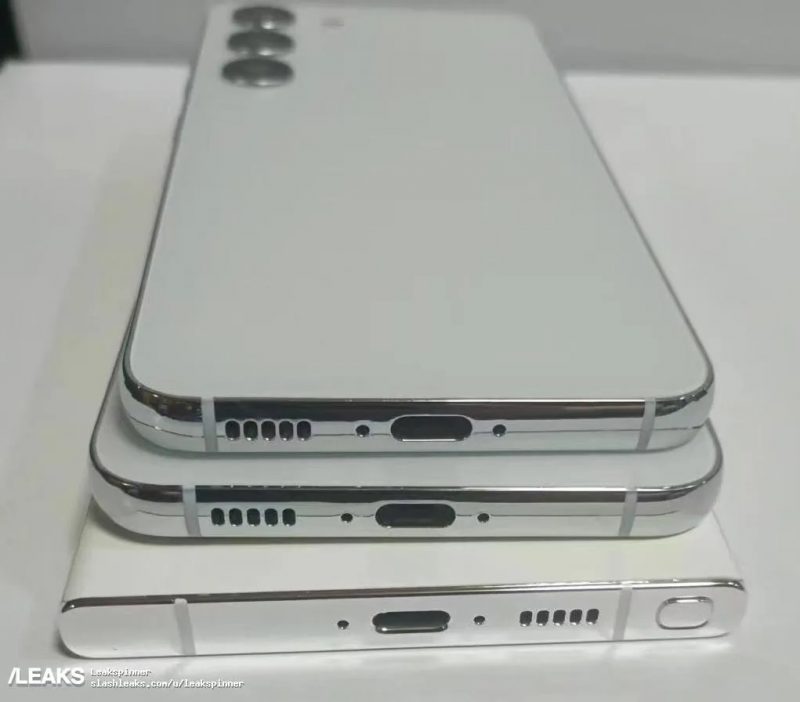 Samsung Galaxy S23 Ultran, Galaxy S23+:n ja Galaxy S23:n dummy-mallikappaleet kertovat pohjasta löytyvän edelleen USB-C-liitännän. Huippumalli Galaxy S23 Ultrassa on jälleen myös tuki ja säilytyspaikka S Pen -kynälle. Kuva: /Leaks.
