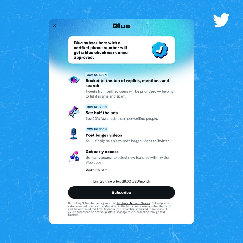 Uudistunut Twitter Blue -tilaus julkaistaan uudelleen maanantaina 12. joulukuuta ensimmäisellä markkinalla.