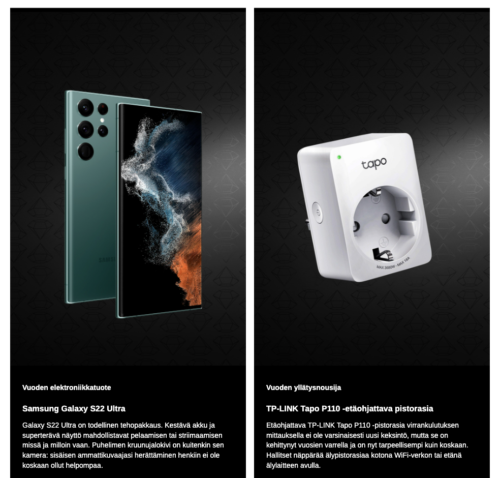 Vuoden elektroniikkatuotteeksi Verkkokauppa.com nosti Samsung Galaxy S22 Ultran. Yllätysnousijaksi valikoitui etäohjattava pistorasia.