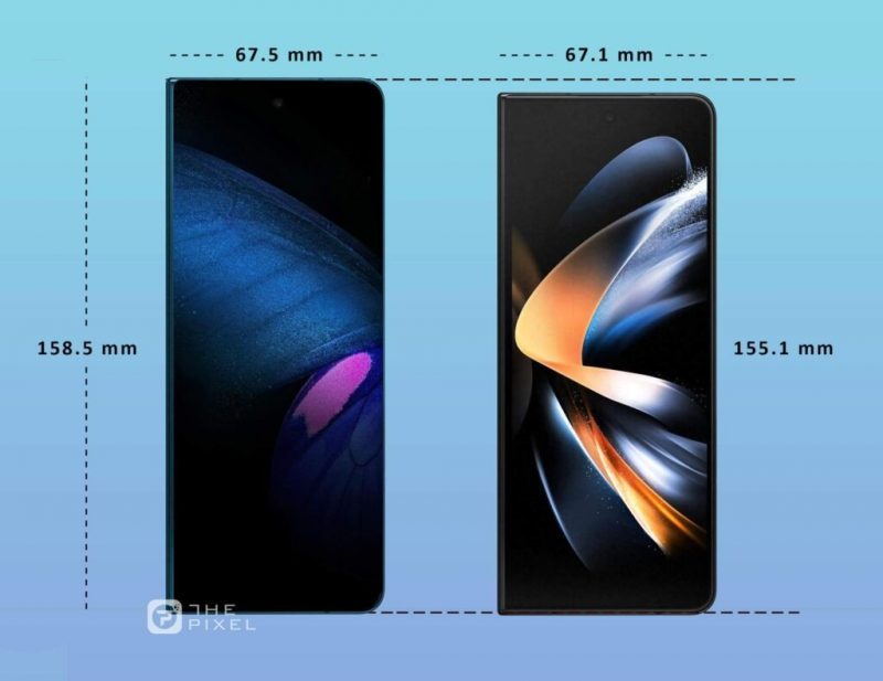 Galaxy Z Fold5:n (vasemmalla) huhutut mitat vertailussa Galaxy Z Fold4:n kanssa. Kuva: The Pixel.