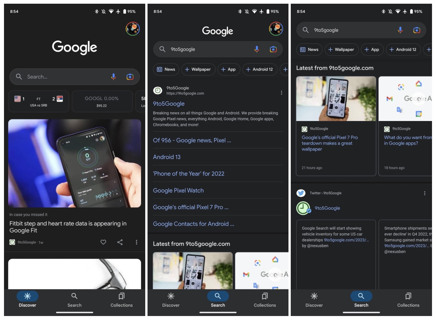 Näyttökuvia uudistuneesta Google-sovelluksesta Androidille. Kuvat: 9to5Google.
