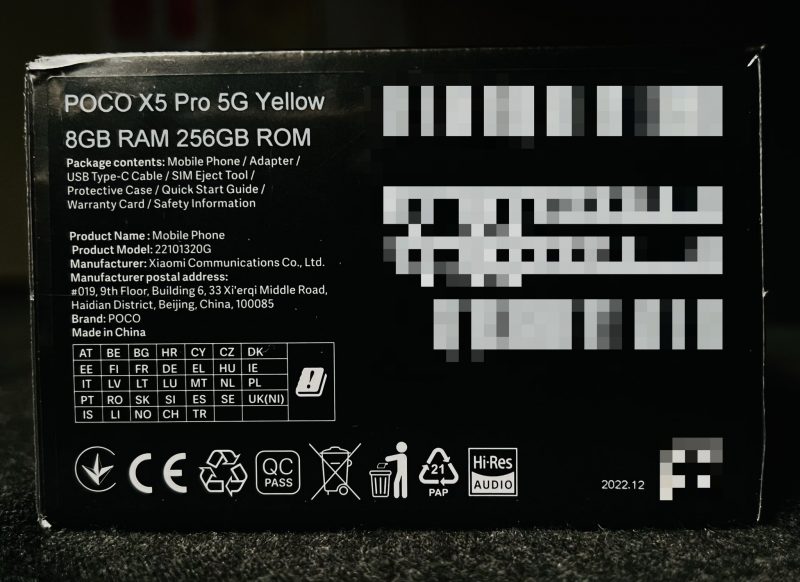 Poco X5 Pro 5G:n myyntipakkauksen tietoja. Kuva: Just Another Occasional Leaker / Twitter.