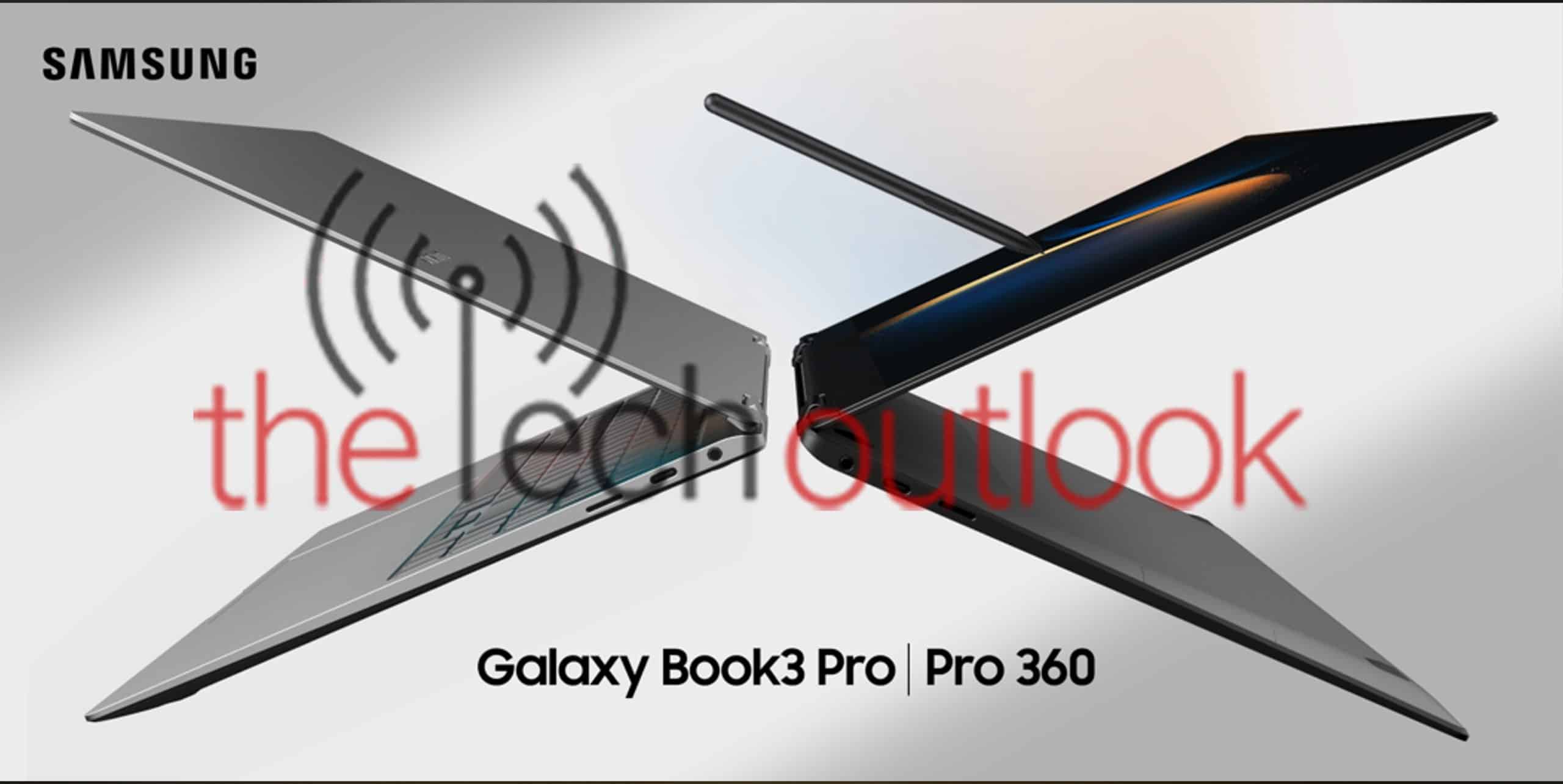 Samsung Galaxy Book3 Pro ja Galaxy Book3 Pro 360 vuotaneessa markkinointikuvassa. Kuva: The Tech Outlook.