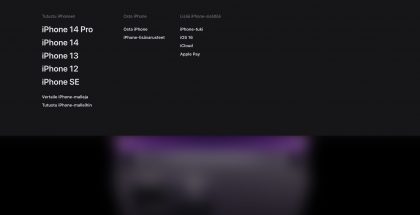 Suuremmilla näytöillä Applen verkkosivu tarjoaa nyt pudotusvalikon, kun hiiren vie ylänavigaation päälinkkien päälle.