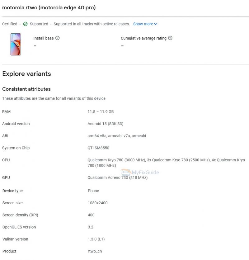 Motorola Edge 40 Pro Google Play Console -tietokannassa.
