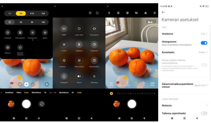 Kuvakaappauksia Xiaomi 13 Liten kameraohjelmistosta.