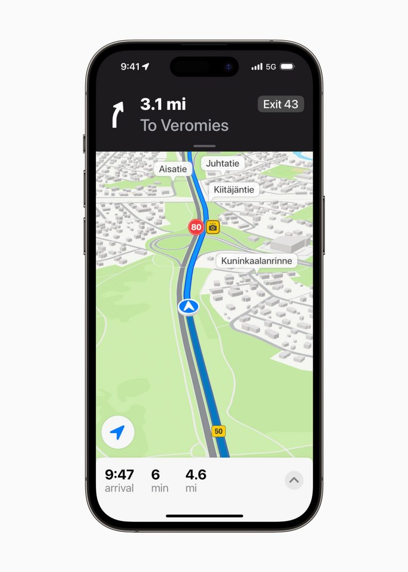 Applen Kartat-sovelluksen navigointinäkymä.