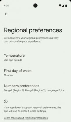 Android 14 tuo erilliset alueelliset valinnat esimerkiksi lämpötilan, viikon alkamisen ja numeroinnin osalta.