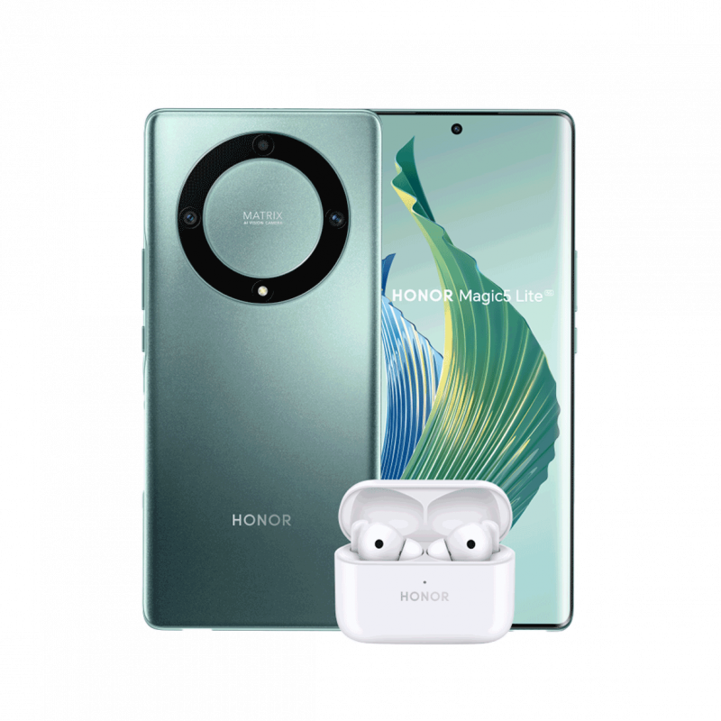 Honor Magic5 Lite ja avajaistarjouksena kaupan päälle saatavat Earbuds 2 Lite -kuulokkeet.