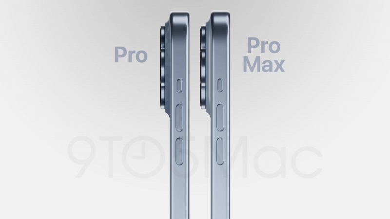 iPhone 15 Pron ja iPhone 15 Pro Maxin sivuprofiili mallinnoskuvassa. Kuva: 9to5Mac.