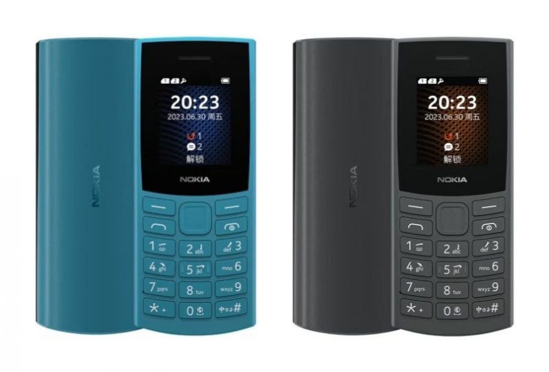 Nokia 105 4G (2023):n kaksi värivaihtoehtoa.