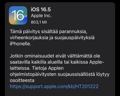 Muun muassa iOS 16.5 on nyt ladattavissa.