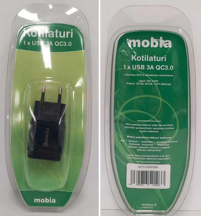 Myös Mobia KOTIUSB18W -latauslaite osoittautui vaaralliseksi. Kuva: Tukes.