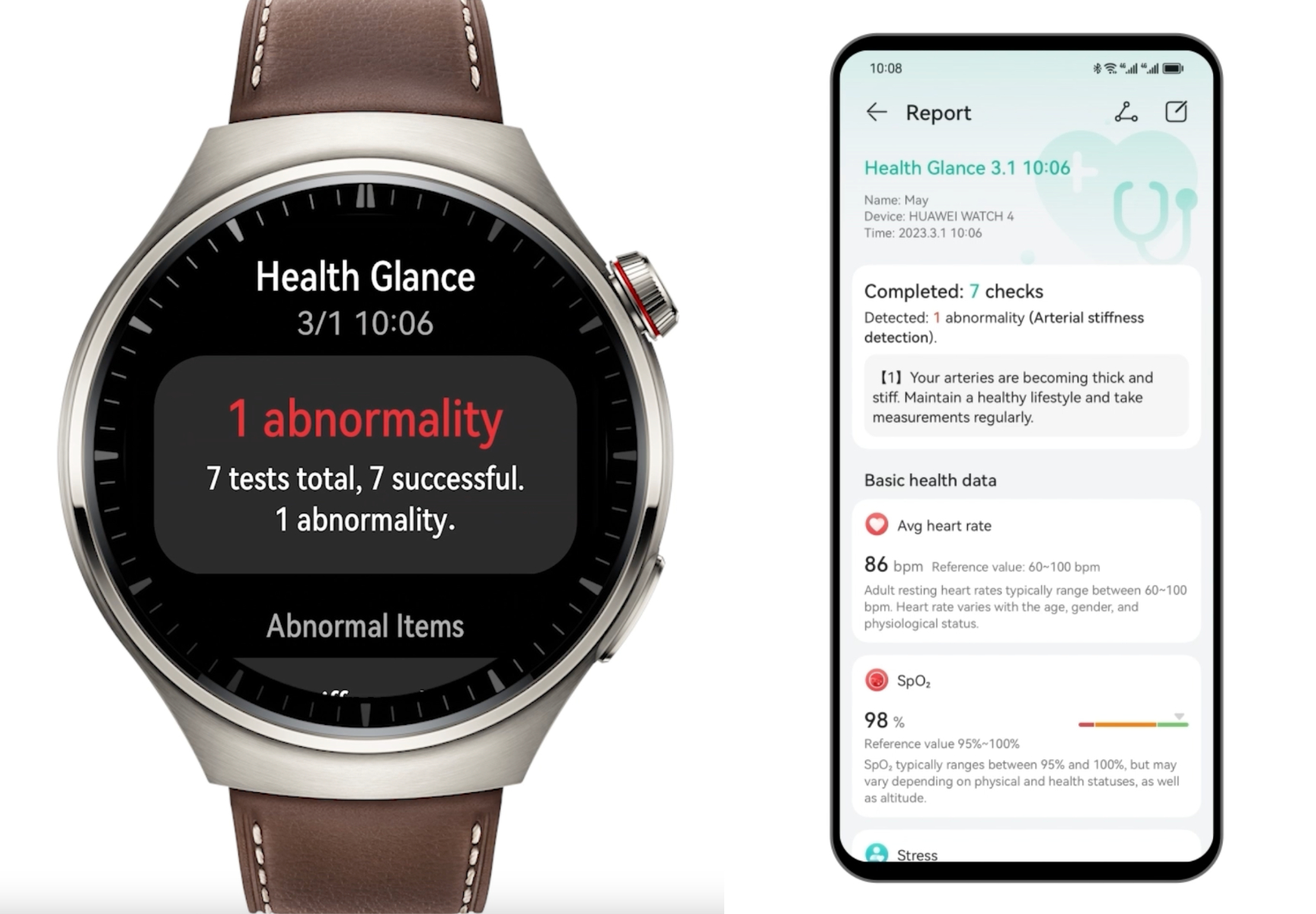 Huawei Watch 4 -kelloilla voi minuutissa kerätä seitsenkohtaisen terveysyhteenvedon, jonka tuloksia voi tarkastella ja jakaa Huawei Health -sovelluksesta.