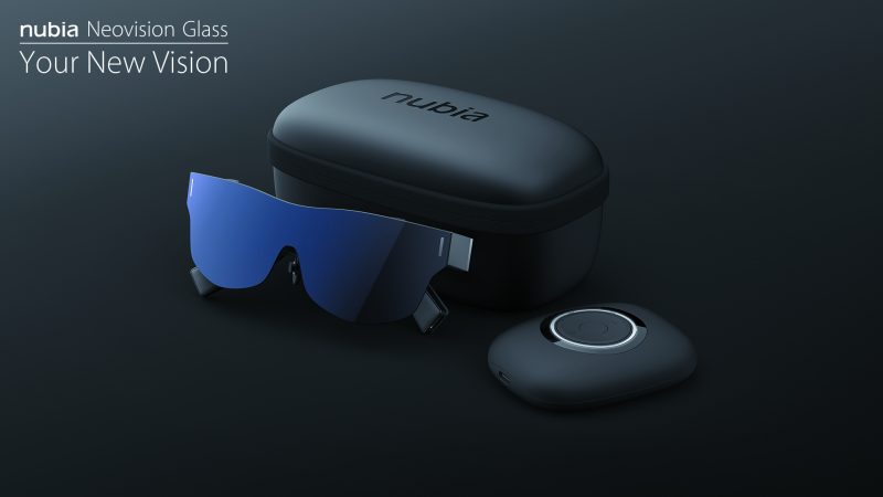 Nubia Neovision Glass -lasit, projektoriyksikkö ja kantokotelo.