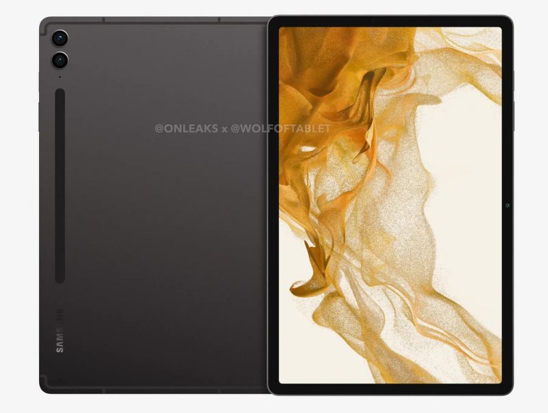 Samsung Galaxy Tab S9 FE+:n mallinnos takaa ja edestä. Kuva: OnLeaks / WolfofTablet.