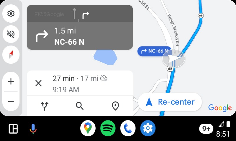 Android Auton uudistunut Google Maps sisältää sivupalkin.