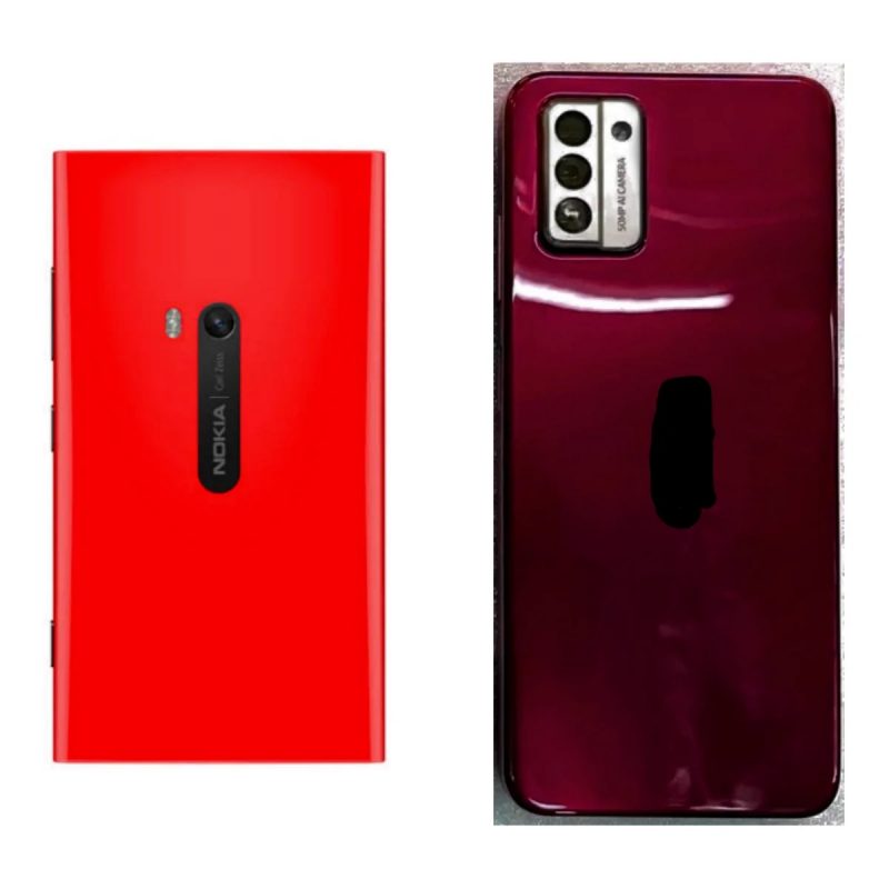 Tummanpunainen Nokia-älypuhelimen prototyyppi rinnallaan vanha Lumia.