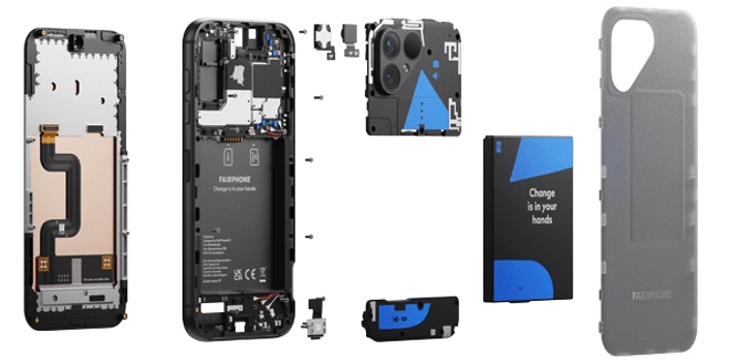 Fairphone 5:n rakenne on jälleen modulaarinen, minkä tarkoitus on helpottaa korjaamista.