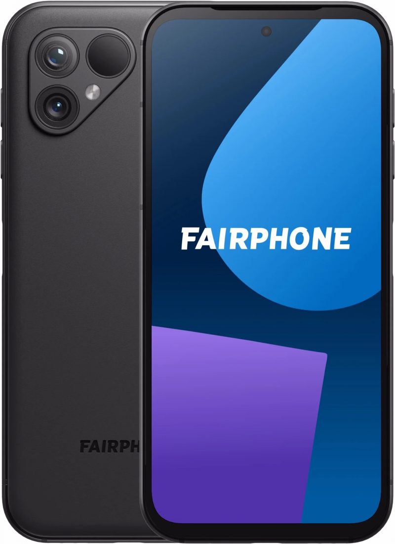 Fairphone 5 mustana värivaihtoehtona.