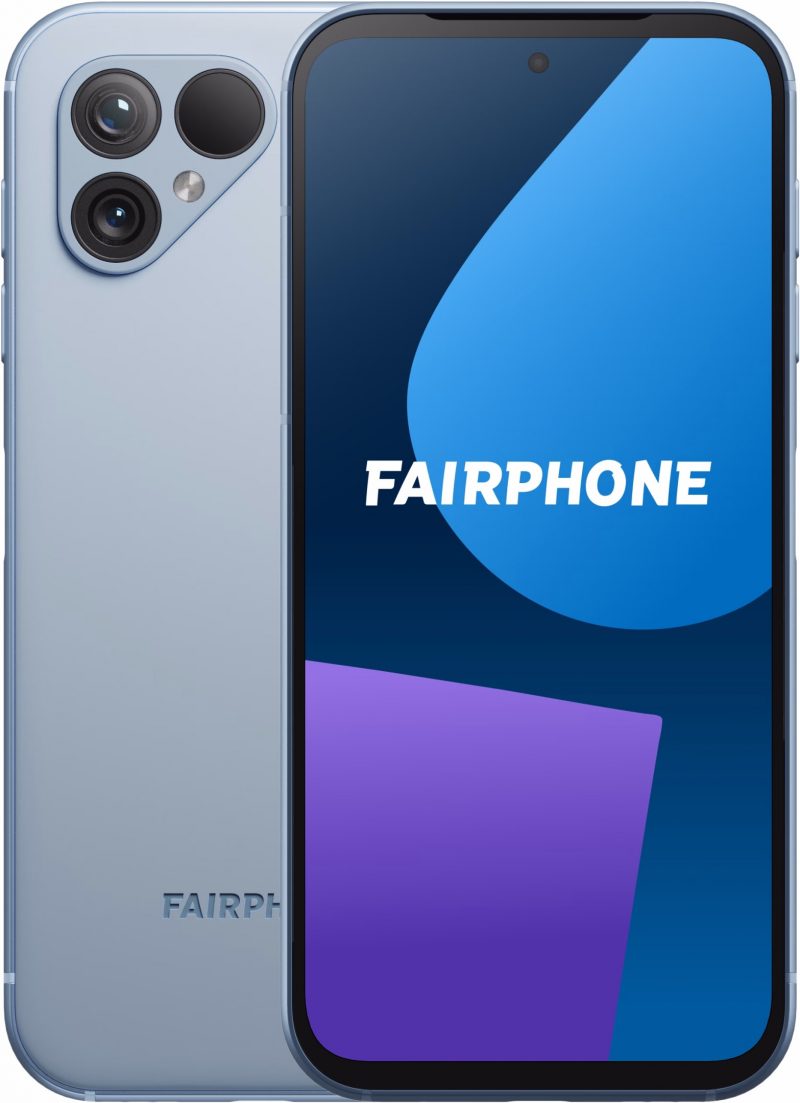 Fairphone 5 vaaleansinisenä värivaihtoehtona.