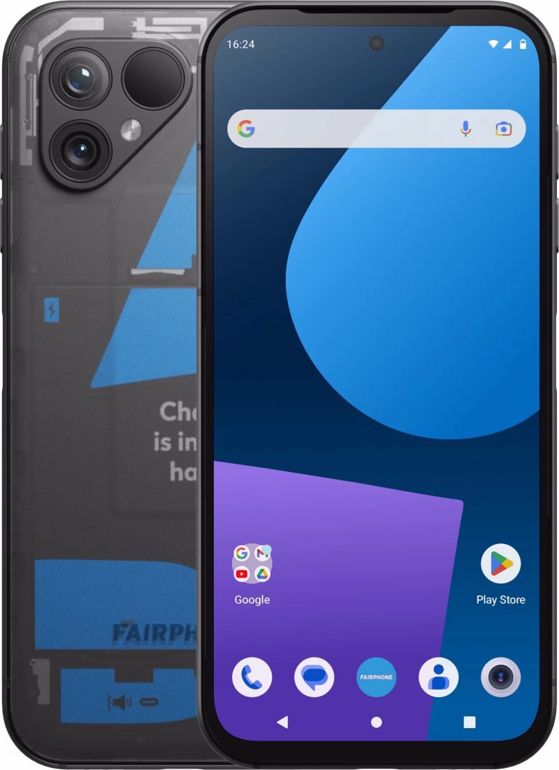 Fairphone 5:n läpinäkyvällä takapinnalla varustettu versio.