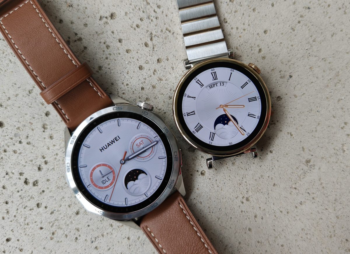 Vasemmalla 46 millimetrin koko kahdeksankulmaisella rungollaan, oikealla siro 41 millimetrin Watch GT 4.