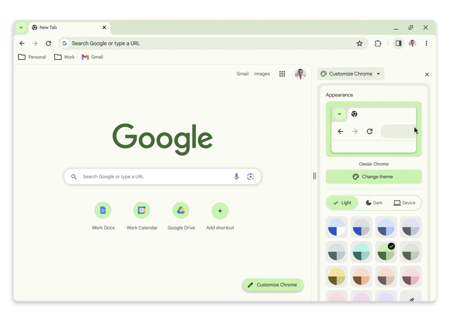 Uudistunut Chrome vihreällä teemalla.