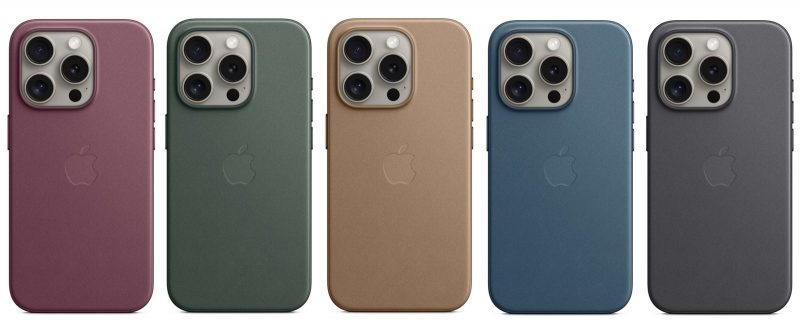 iPhone 15 -puhelinten FineWoven-kuoret eri väreissä.