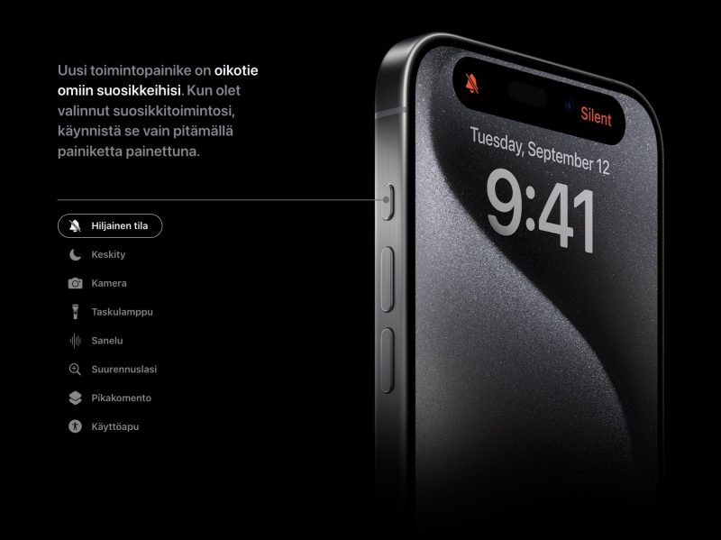 iPhone 15 Pro -puhelimissa on uusi toimintopainike äänenvoimakkuuspainikkeiden yläpuolella kaksiasentoisen kytkimen sijaan.