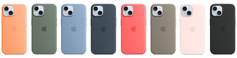 iPhone 15 -puhelinten silikonikuoret eri väreissä.