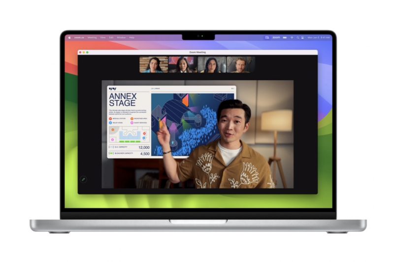 macOS Sonoman videopuheluihin tuoma uusi esittäjän peittokuva -toiminto yhdistää videokuvan ja näytön sisällön jakamisen.