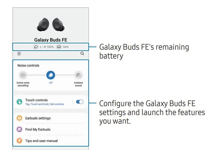 Galaxy Buds FE -kuulokkeiden asetukset ohjekirjan kuvassa.